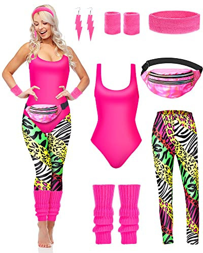 Hercicy 7 Pcs 80s Workout Costume 80s 90s Leotard Legging Headband Wristbands Leg Warmers Earrings Fanny Pack | Amazon (US)