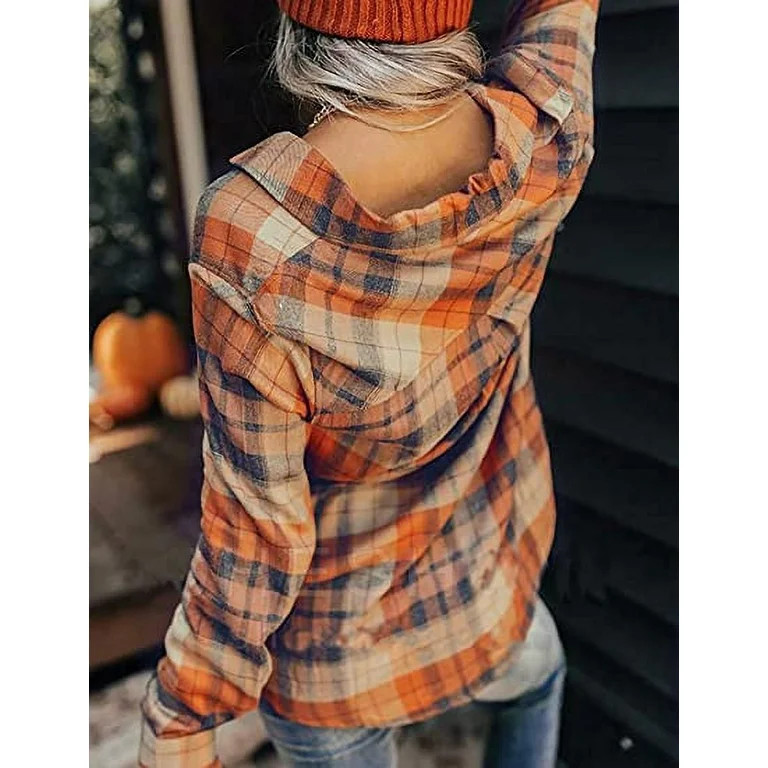 Button Down Shirts for Women Fall Fashion Colorful Plaid Print Long Sleeve Blouses Lapel Winter C... | Walmart (US)