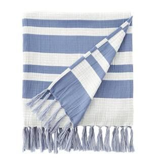 StyleWell Blue and White Stripe Turkish Cotton Gauze Throw Blanket with Fringe DN 18809 - The Hom... | The Home Depot