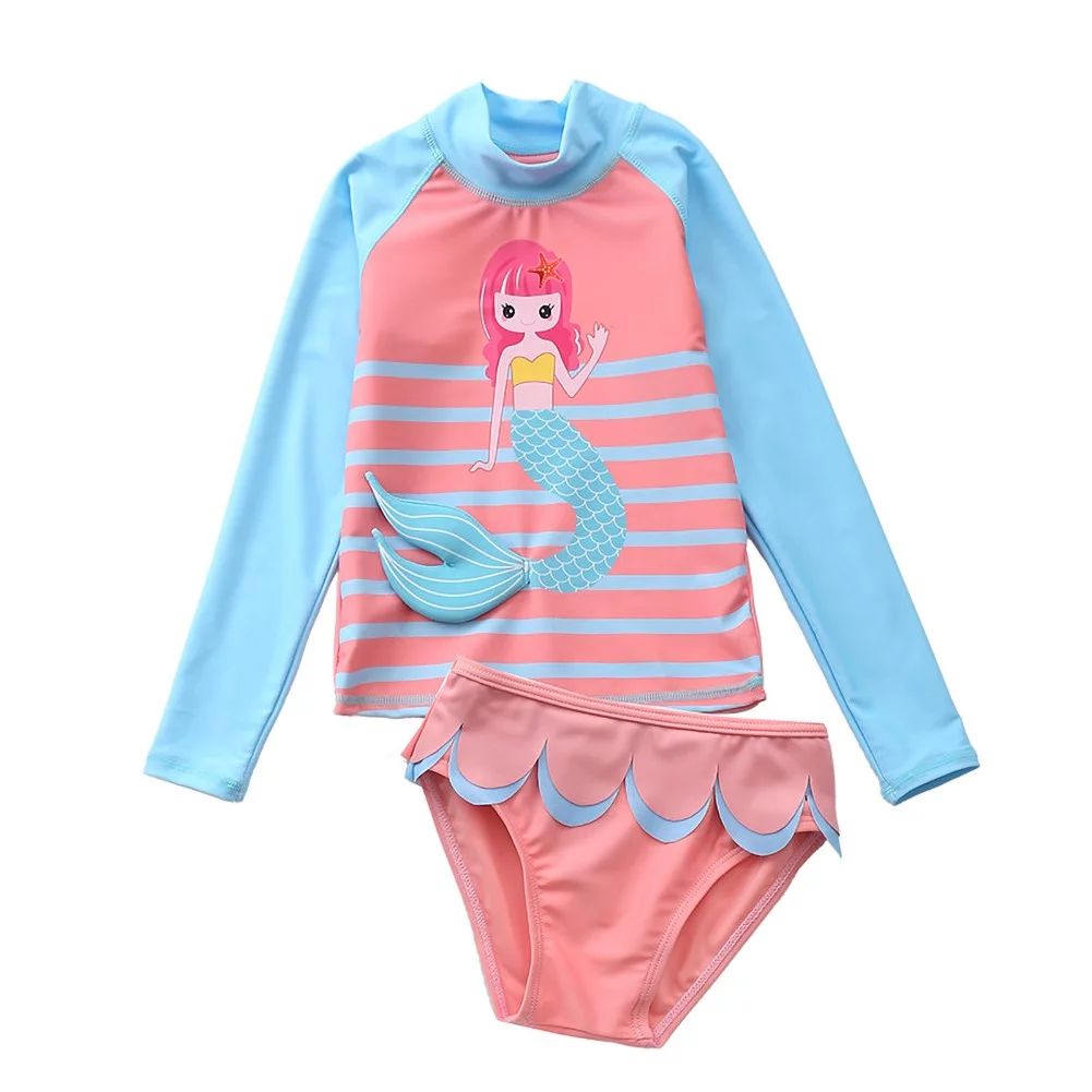 URMAGIC 1-10Y Kids Girl Mermaid Striped Two Piece Long Sleeve Rash Guard Swimsuit Bathing Suit | Walmart (US)