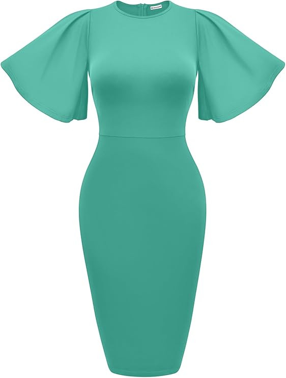 Memoriesea Women's Basic Bodycon Ruffle Flared Short Sleeve Pencil Midi Dress | Amazon (US)