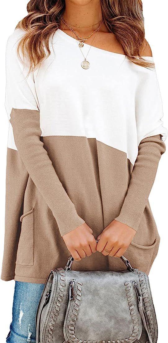 PRETTYGARDEN Women’s Causal Loose Sweater Color Block Knit Pullover Off Shoulder Comfy Jumper T... | Amazon (US)