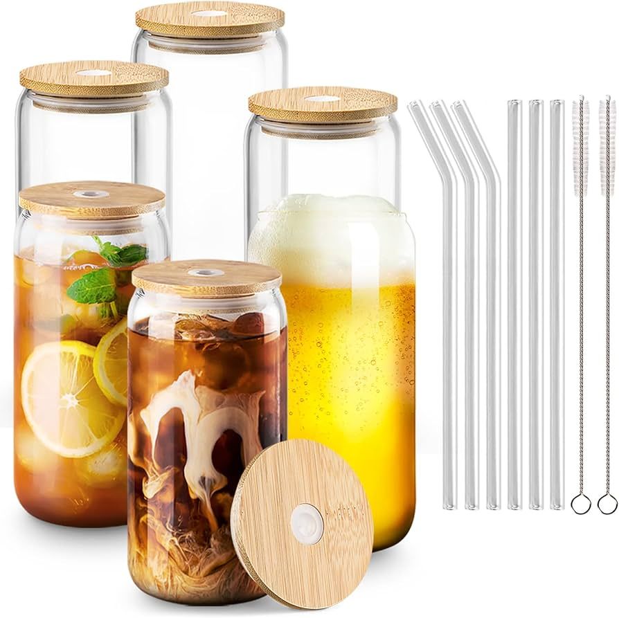 Combler Drinking Glasses with Bamboo Lids and Straws, 16 oz Glass Cups Set of 6, Beer Glass Coffe... | Amazon (US)