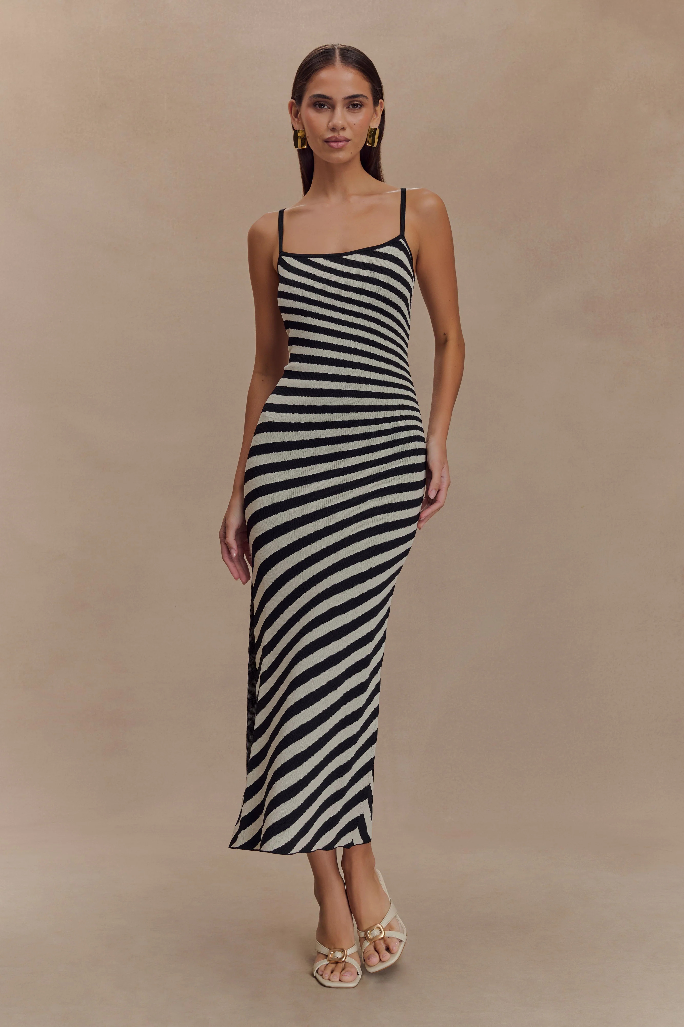 Raven Striped Knit Midi Dress - Black/White | MESHKI US