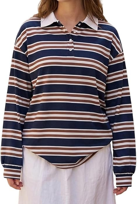 Women Y2K Striped Lapel Polo Shirt Long Sleeve Pullover Rugby Shirt Oversized V Neck Color Block ... | Amazon (US)