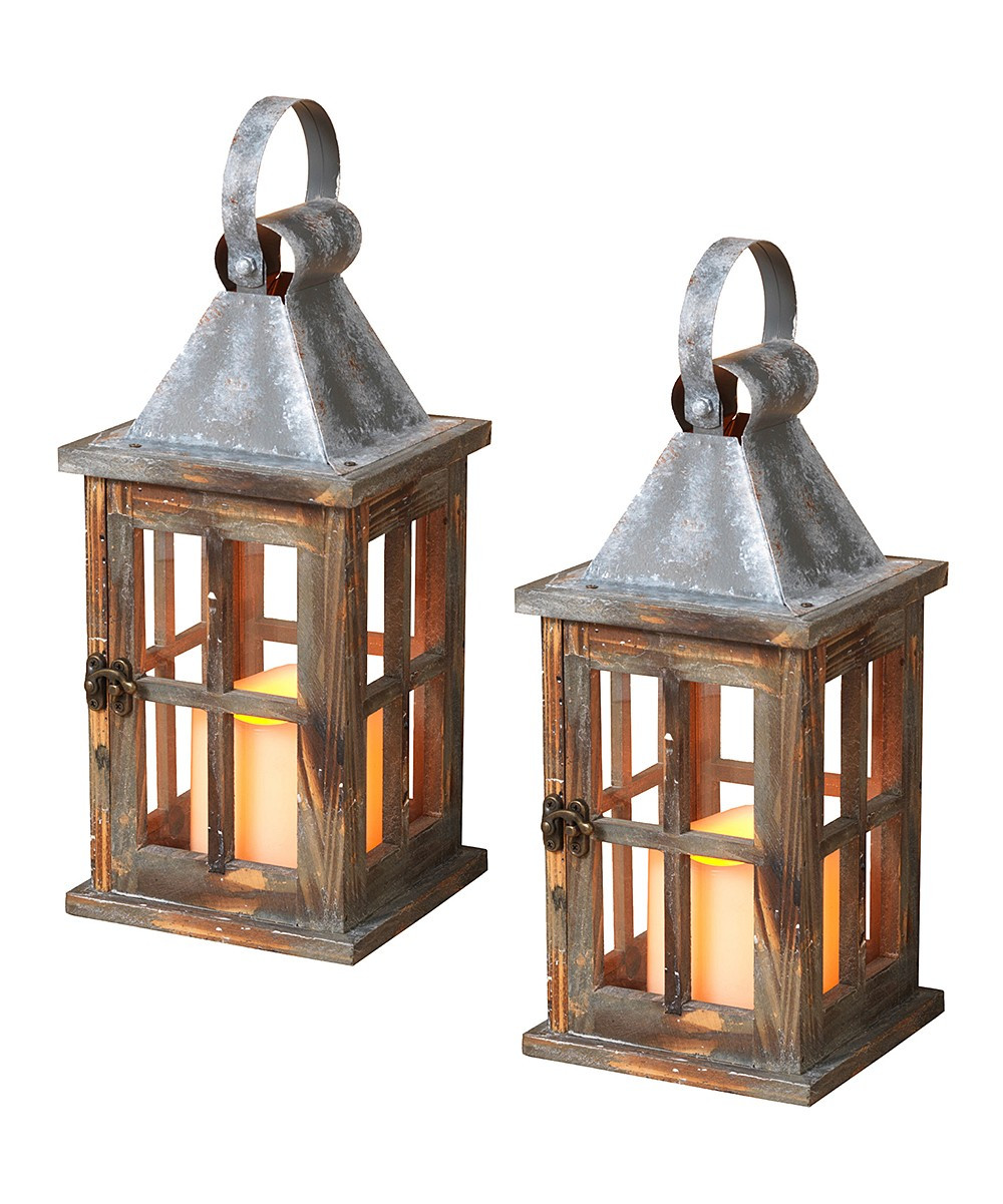 Gray & Brown Rustic Battery Operated Wood Lantern - Set of Two | Zulily