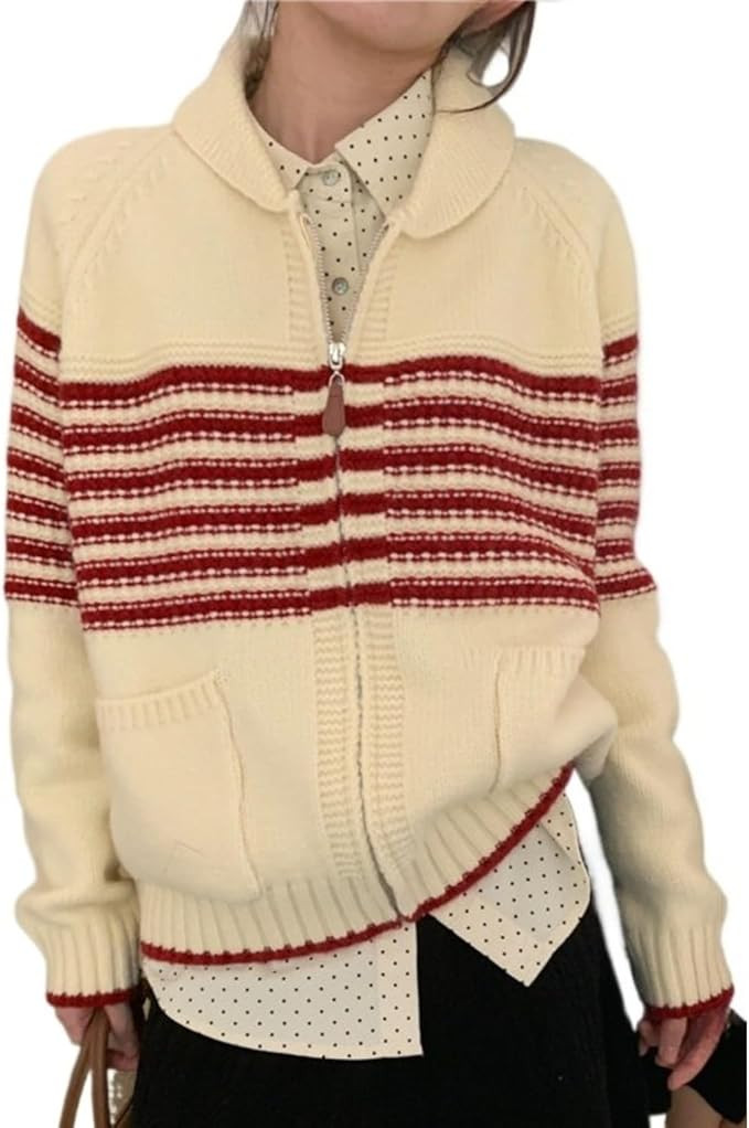 Striped Cardigan Ribbed Color Block Zipper Notch Collar with Pocket Oversized Knit Fall Streetwea... | Amazon (US)
