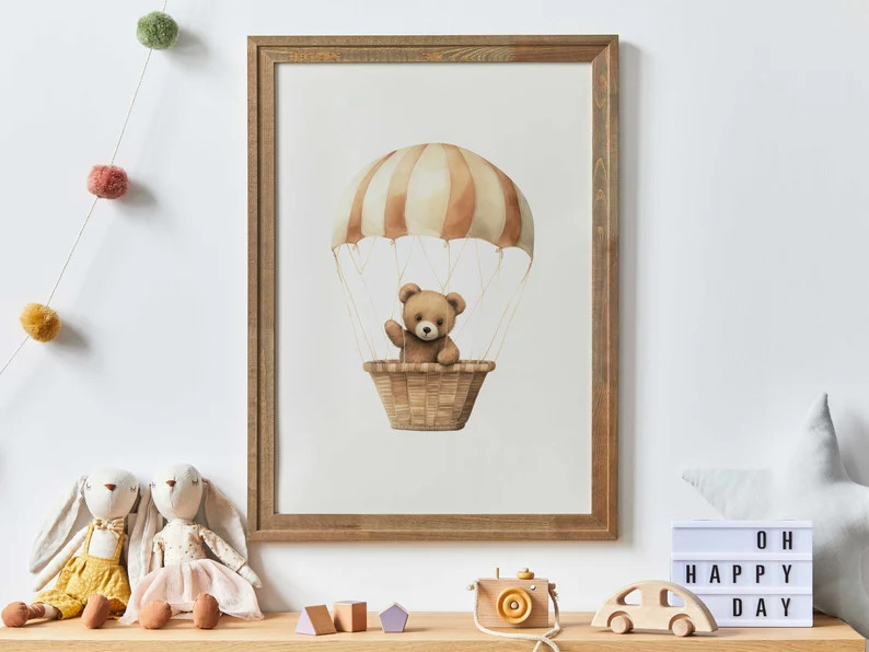 Cute Bear Nursery Art Print, Bear in Parachute, Hot Air Balloon Nursery Print, Nursery Decor, Bab... | Etsy (US)