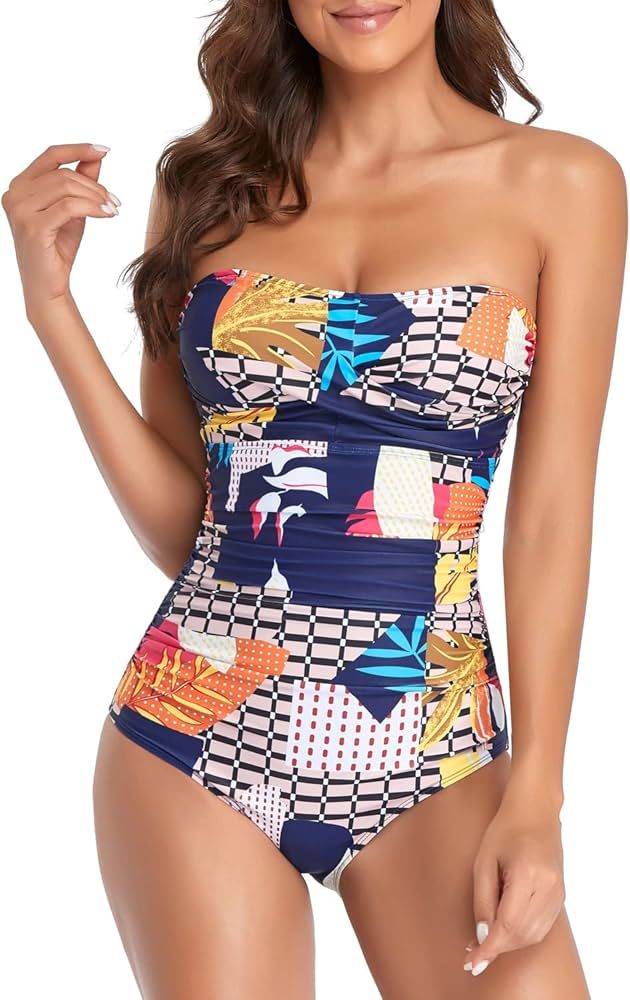 Smismivo Tummy Control Swimwear Strapless One Piece Swimsuit Ruched Bathing Suits for Women Slimm... | Amazon (US)
