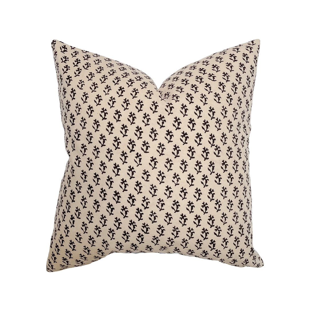 Leo Tan Floral Handblock Pillow Cover Beige Black Floral - Etsy | Etsy (US)