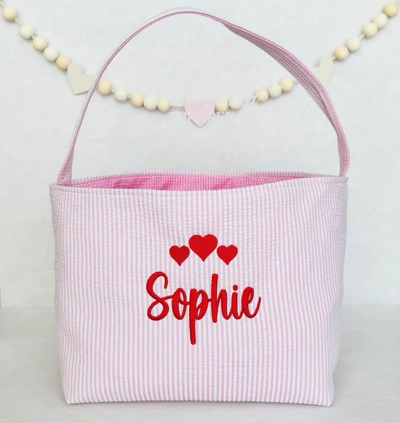 Personalized Seersucker Valentine's Basket, Embroidered Name | Etsy (US)