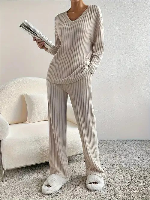 Casual Ribbed Knit Two piece Set Long Sleeve V Neck Top - Temu | Temu Affiliate Program