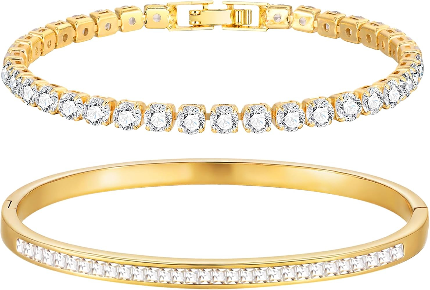 Stackable Gold Bracelets for Women - 2Pcs 18K Gold Plated Cubic Zirconia Bangle Bracelet Friendsh... | Amazon (US)