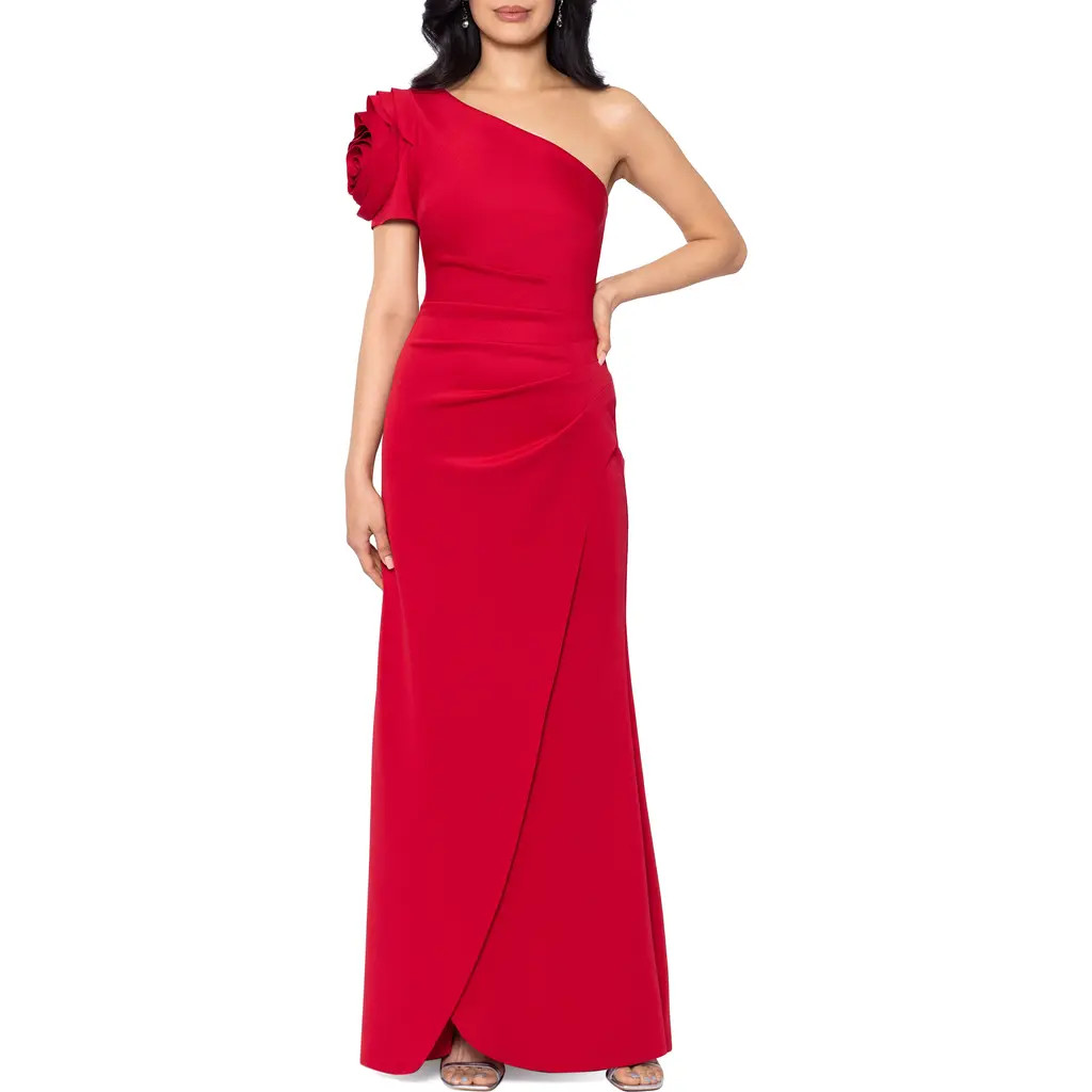 Xscape Evenings Rosette Detail One-Shoulder Gown in Red at Nordstrom, Size 14 | Nordstrom