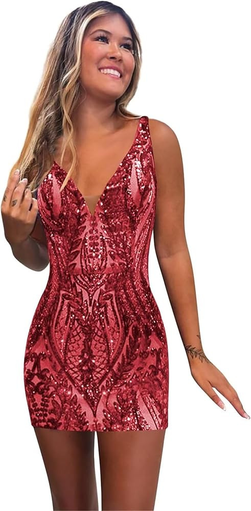 Sparkly Sequins Short Homecoming Dresses for Teens V Neck Boydcon Prom Cocktail Party Mini Gowns | Amazon (US)