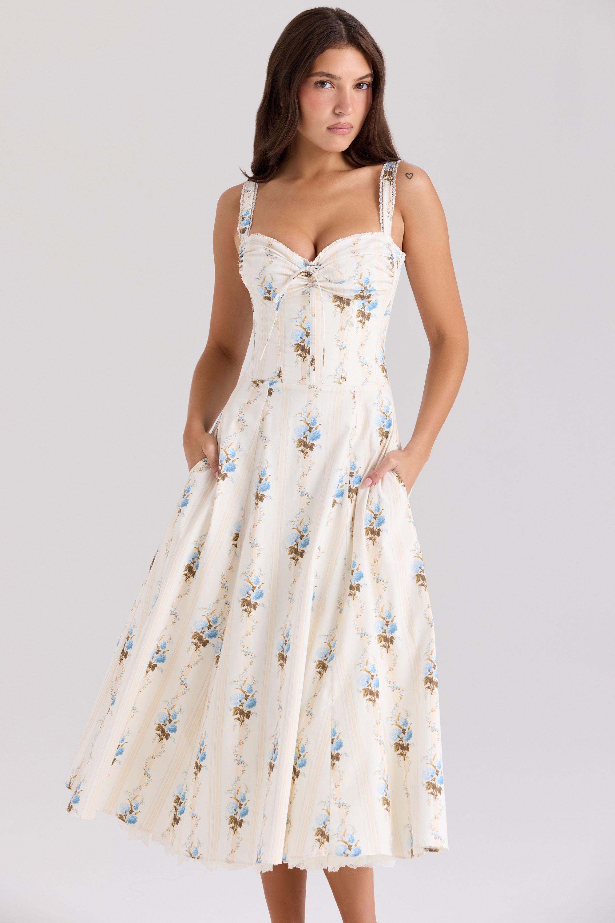 cream floral print cotton corset midi dress | House of CB