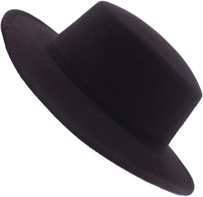Fashion Classic Black Wool Blend Fedora Hat Brim Flat Church Derby Cap | Amazon (US)