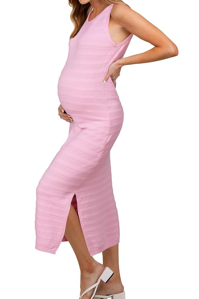 OUGES Women's 2025 Summer Maternity Dress Knit Sleeveless Crewneck Midi Dress Side Slit Striped B... | Amazon (US)