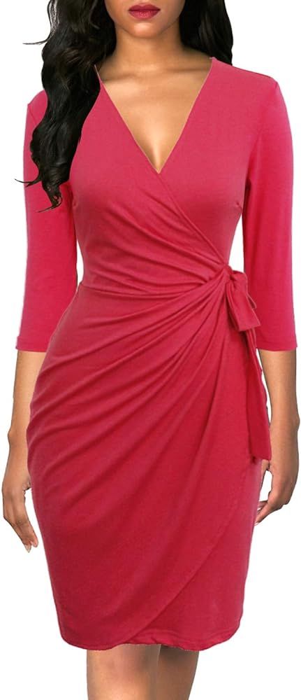 Berydress Women's Classic 3/4 Sleeve V Neck Sheath Casual Party Work Faux Black Wrap Dress | Amazon (US)