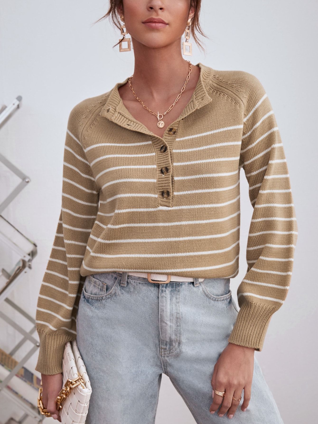 Button Front Striped Sweater | SHEIN