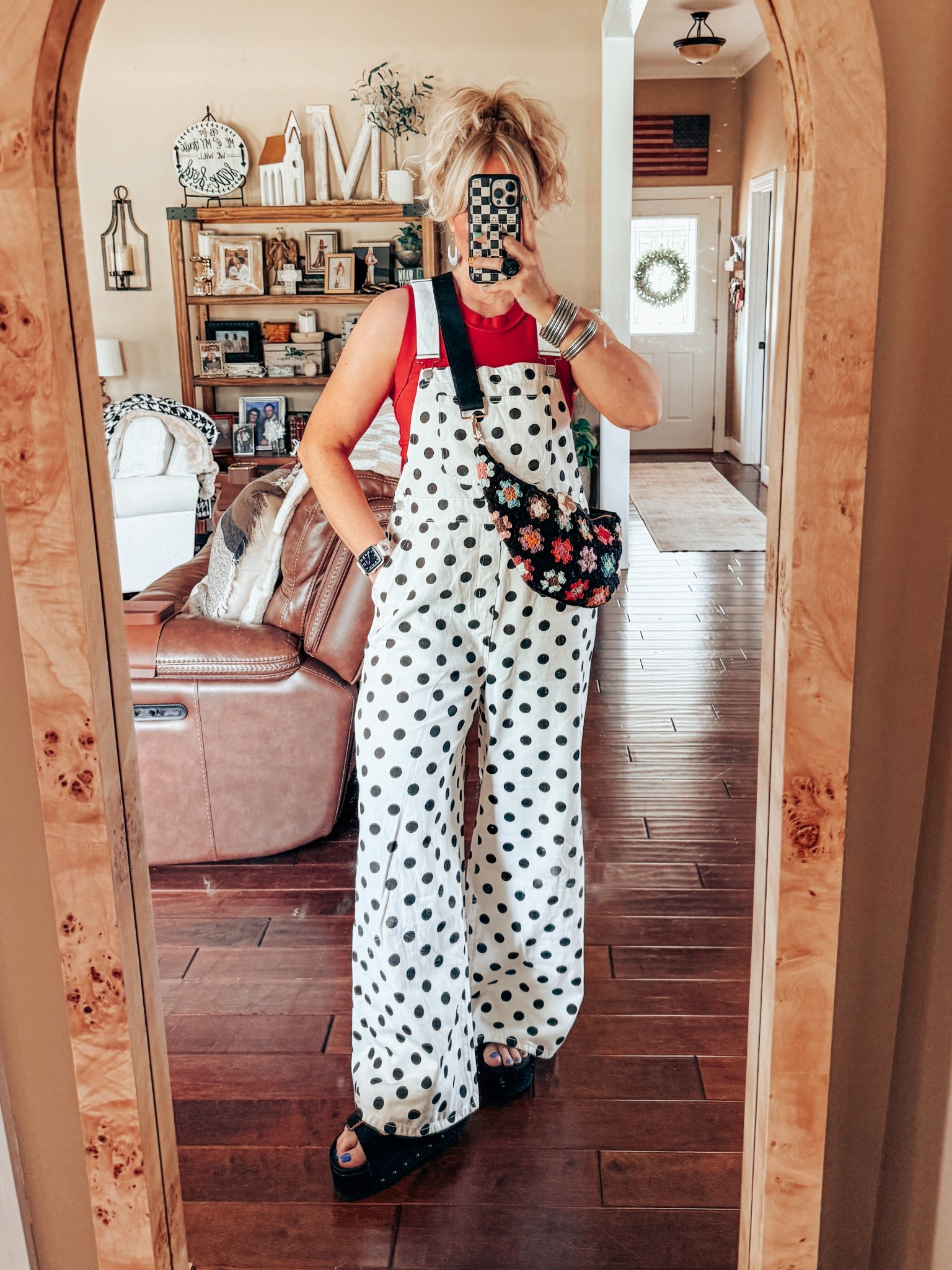 These overalls are so adorable! I’m 5’6 and they are a little long but with a platform they are good. You could cuff them with the stitch gun or cut them a little one if too long. I also sized up for a baggy fit. 
Overalls - M
Tank - M
Black platforms - true to size 
My crochet bag is @oikoshandmade on IG 
( I can’t link it here )

#LTKStyleTip #LTKFindsUnder50 #LTKOver40