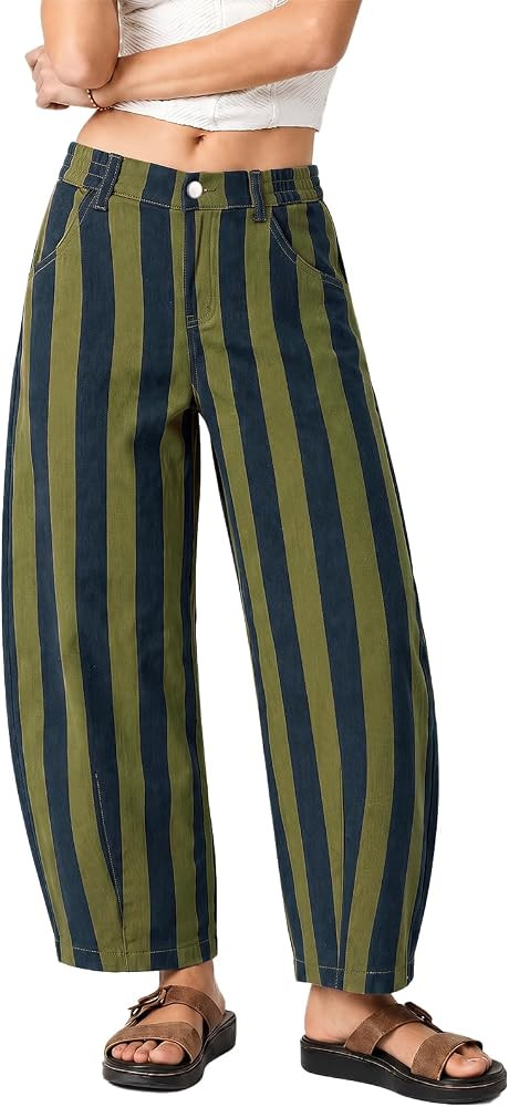 Tankaneo Womens Striped Barrel Jeans Fall Cropped High Waisted Denim Pants | Amazon (US)