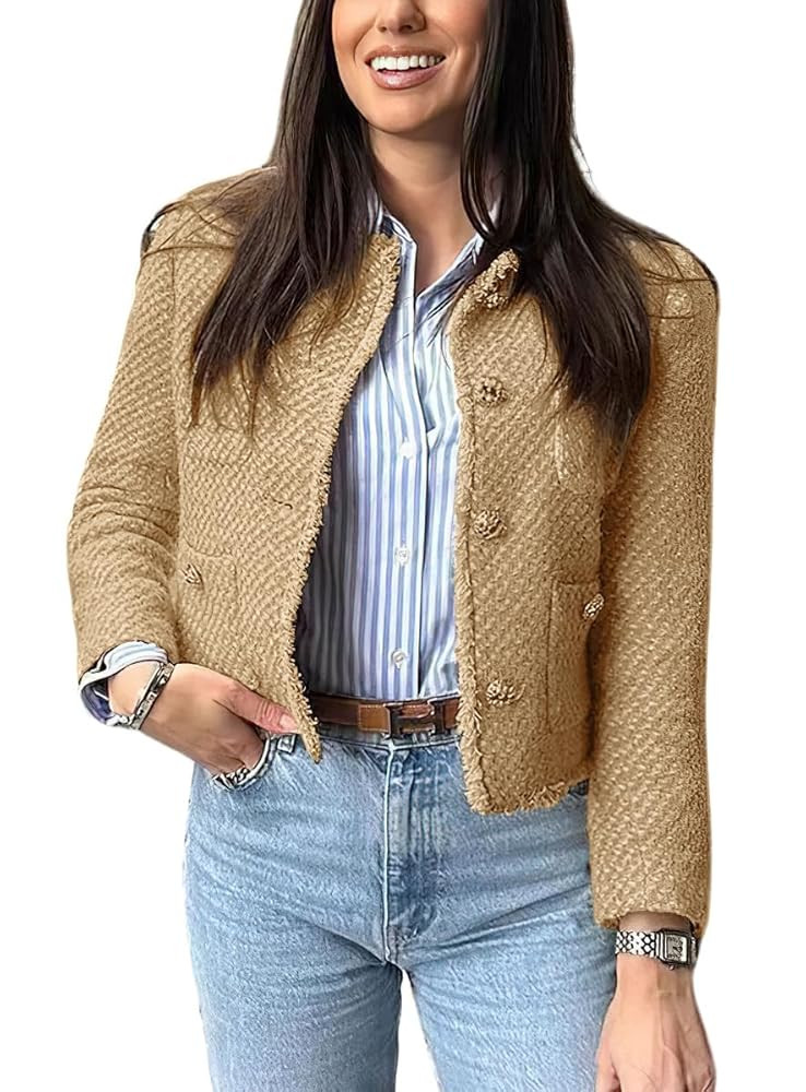 chouyatou Women's Fall Business Casual Tweed Jacket Button Down Fringed Tassel Office Work Blazer... | Amazon (US)