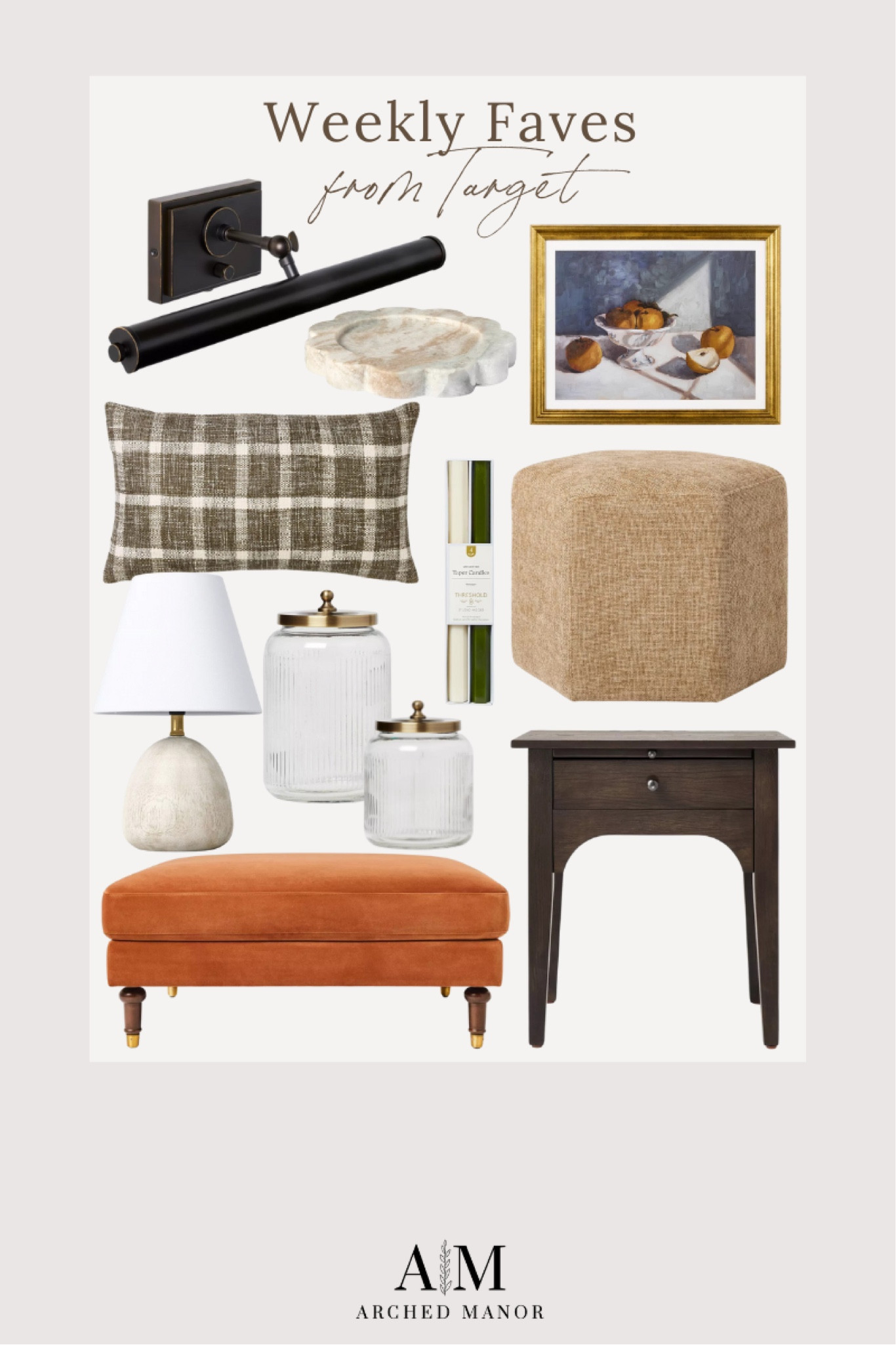 Target Home Favorites  


ottoman  accent table  table lamp  clear jars  throw pillow  wall light  wall decor  candle sticks  home favorites  modern home decor  the arched manor 

#LTKHome #LTKSeasonal