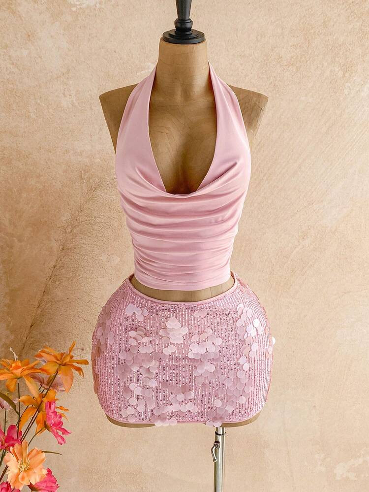Soleia 2pcs Pink Sequin Vacation Set For Women Spring To Summer Easter Carnival Carnival Costume ... | SHEIN