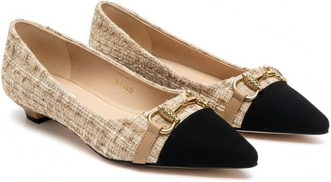 Women's Elegant Plaid Tweed Pointed Toe Ballet Flats, Soft Slip On Dress Shoes with Horsebit Deta... | Amazon (US)