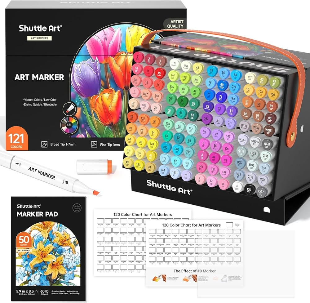Shuttle Art 121 Colors Alcohol Markers, 120 Colors Dual Tip Art Marker Set Plus 1 Colorless Blend... | Amazon (US)