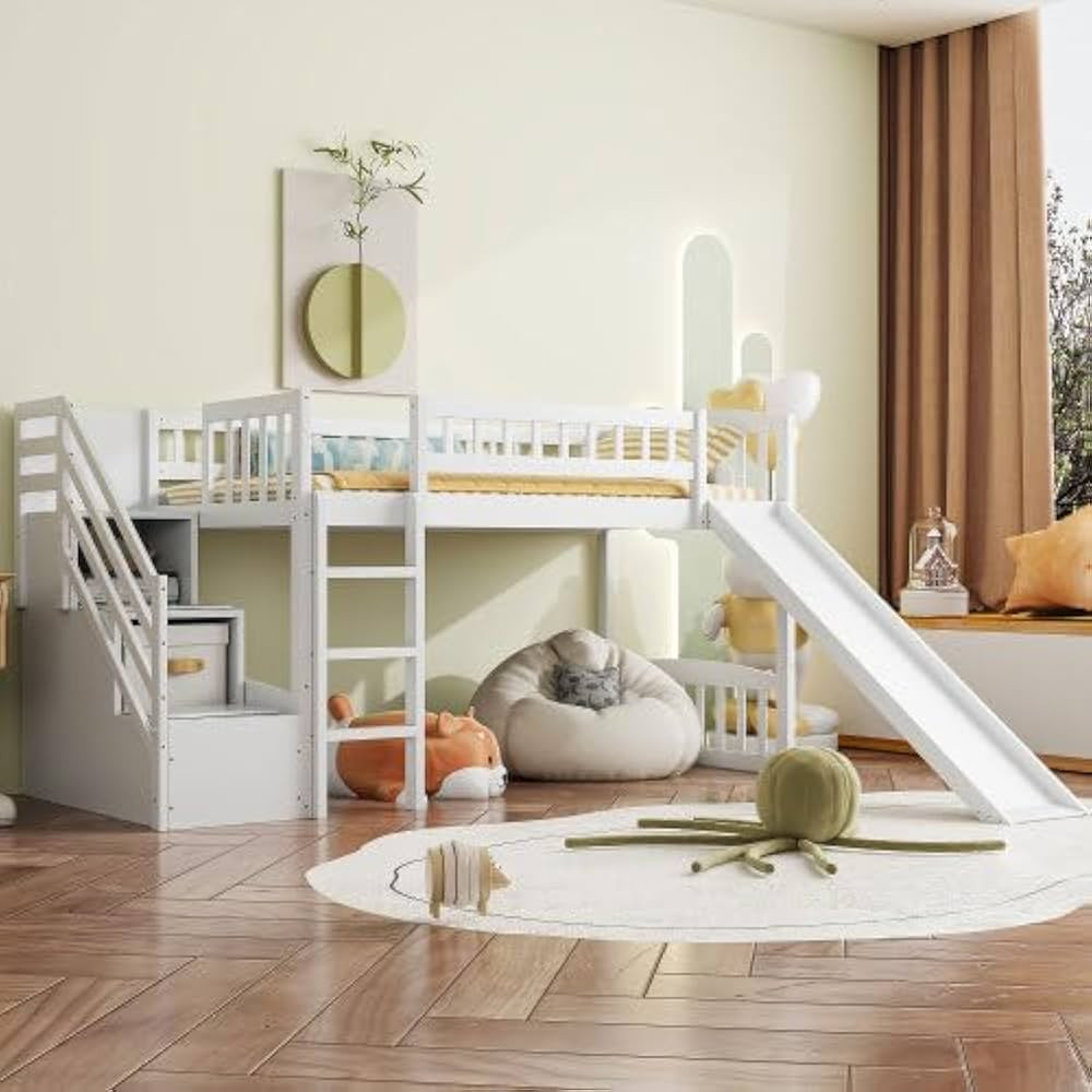 Harper & Bright Designs Kids Loft Bed with Slide and Storage Stairs, Twin Size Wooden Loft Bed wi... | Amazon (US)