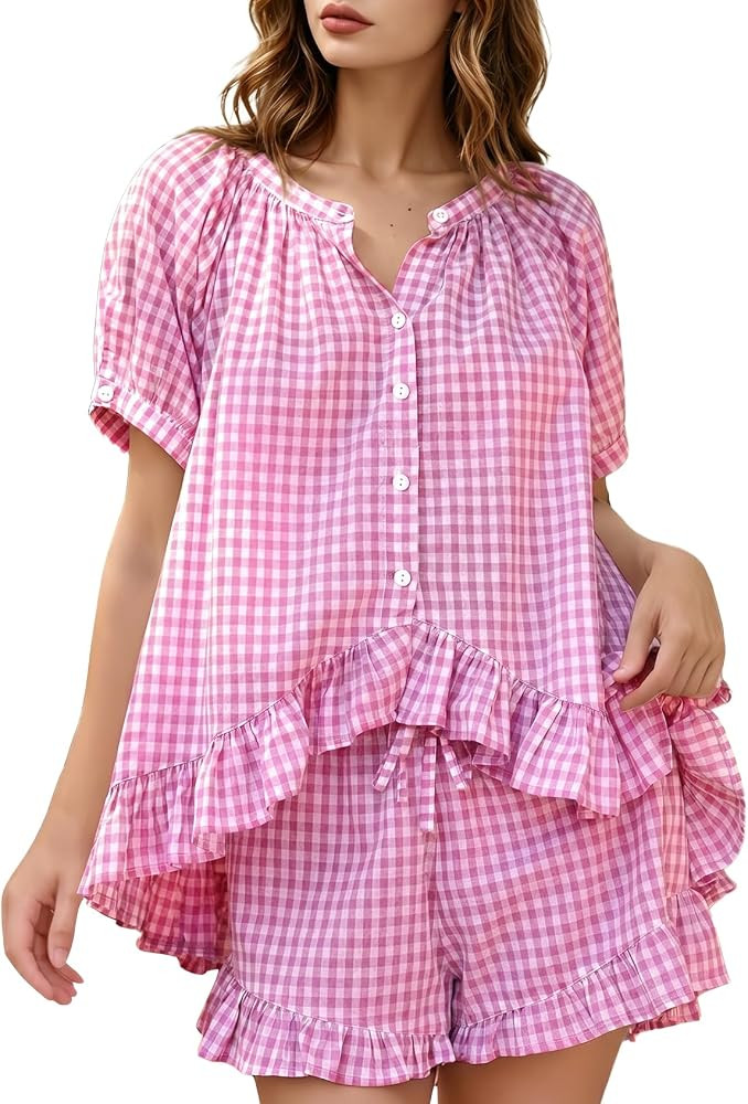 Yimoon Womens Gingham Pajamas Set Ruffle Plaid Cotton Pj Set | Amazon (US)