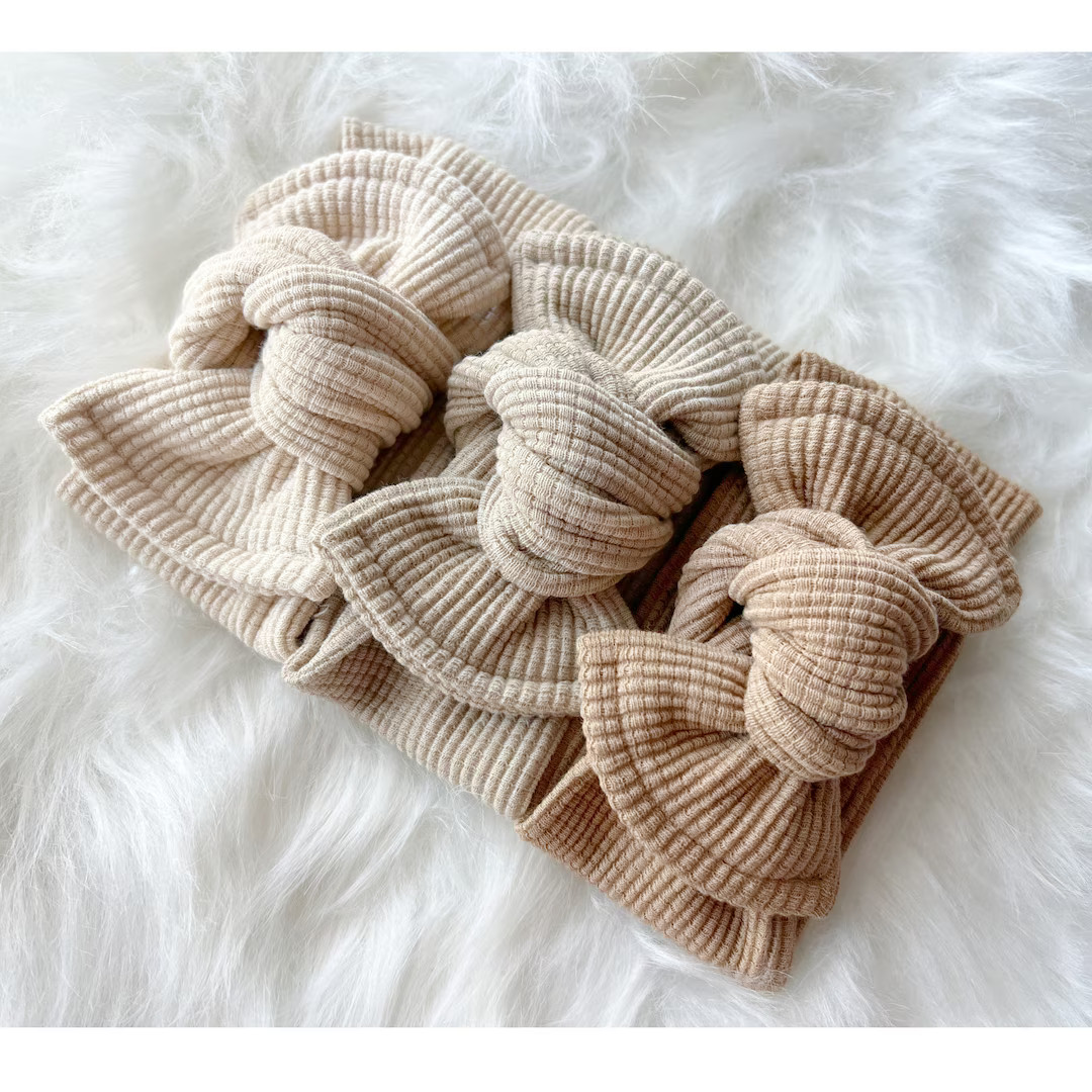 Baby Girl Headband Waffle Thermal Oversize Bow Headband Wrap Beige Tan Cream Baby Bows Baby Girl ... | Etsy (US)