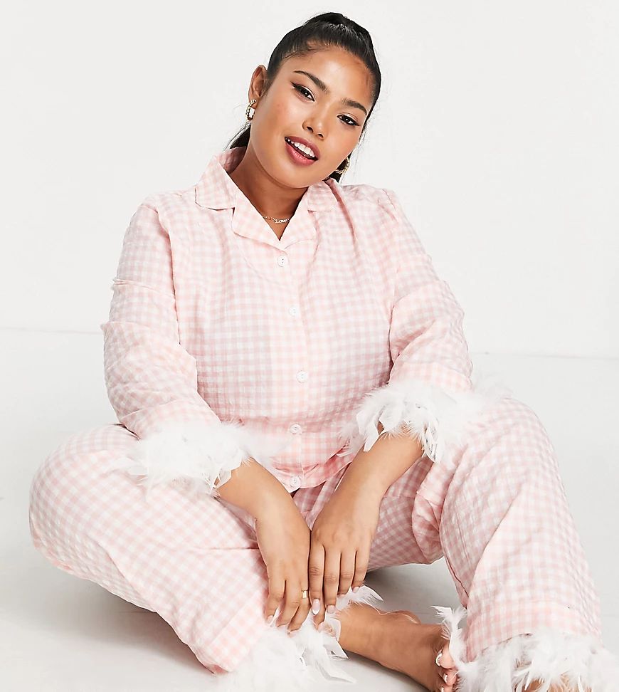 Night Plus gingham long pajama set with detachable feather trims in white/pink | ASOS (Global)