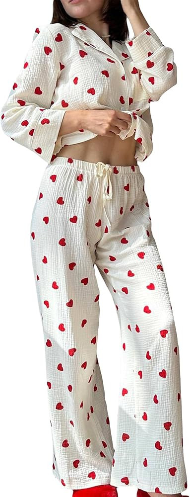 Fylovery Women Y2K Cotton Cute Pyjamas Set Heart Print Long Sleeve Button Shirt Top Pants 2 Piece... | Amazon (UK)