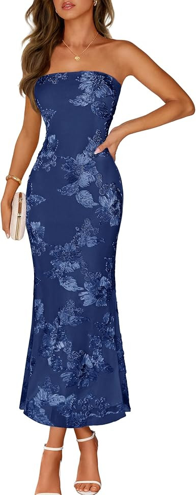 MEROKEETY Women's Summer Floral Wedding Guest Cocktail Maxi Dress | Strapless, Tube Top, Mesh, Bo... | Amazon (US)