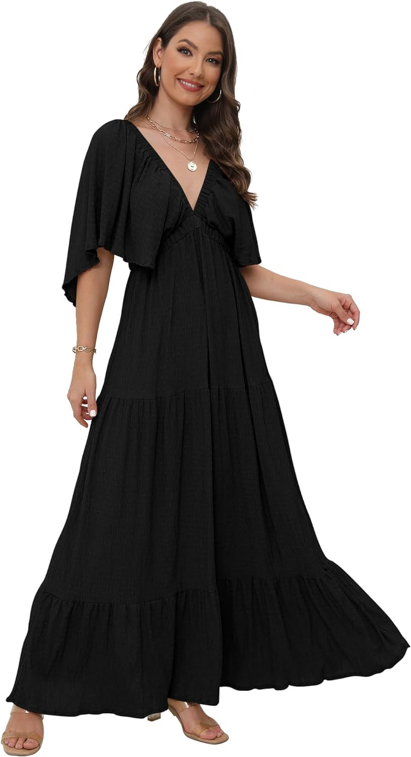 Women's Summer V-Neck, Tiered Silhouette with Flutter Sleeves Maxi Dress for Casual | Amazon (US)