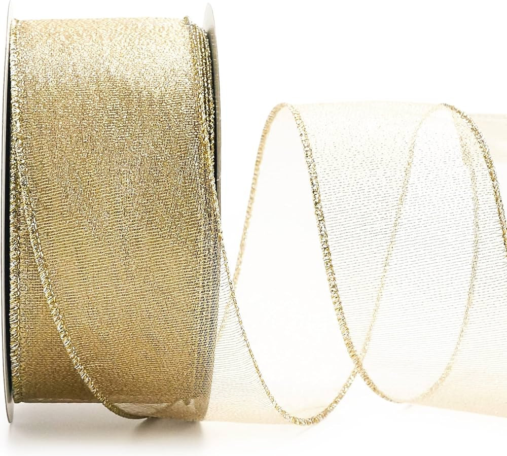 ALTIER 2.5 Inch x 40 Yards Light Gold Metallic Wired Ribbon for Christmas Home Decoration Gift Wr... | Amazon (US)