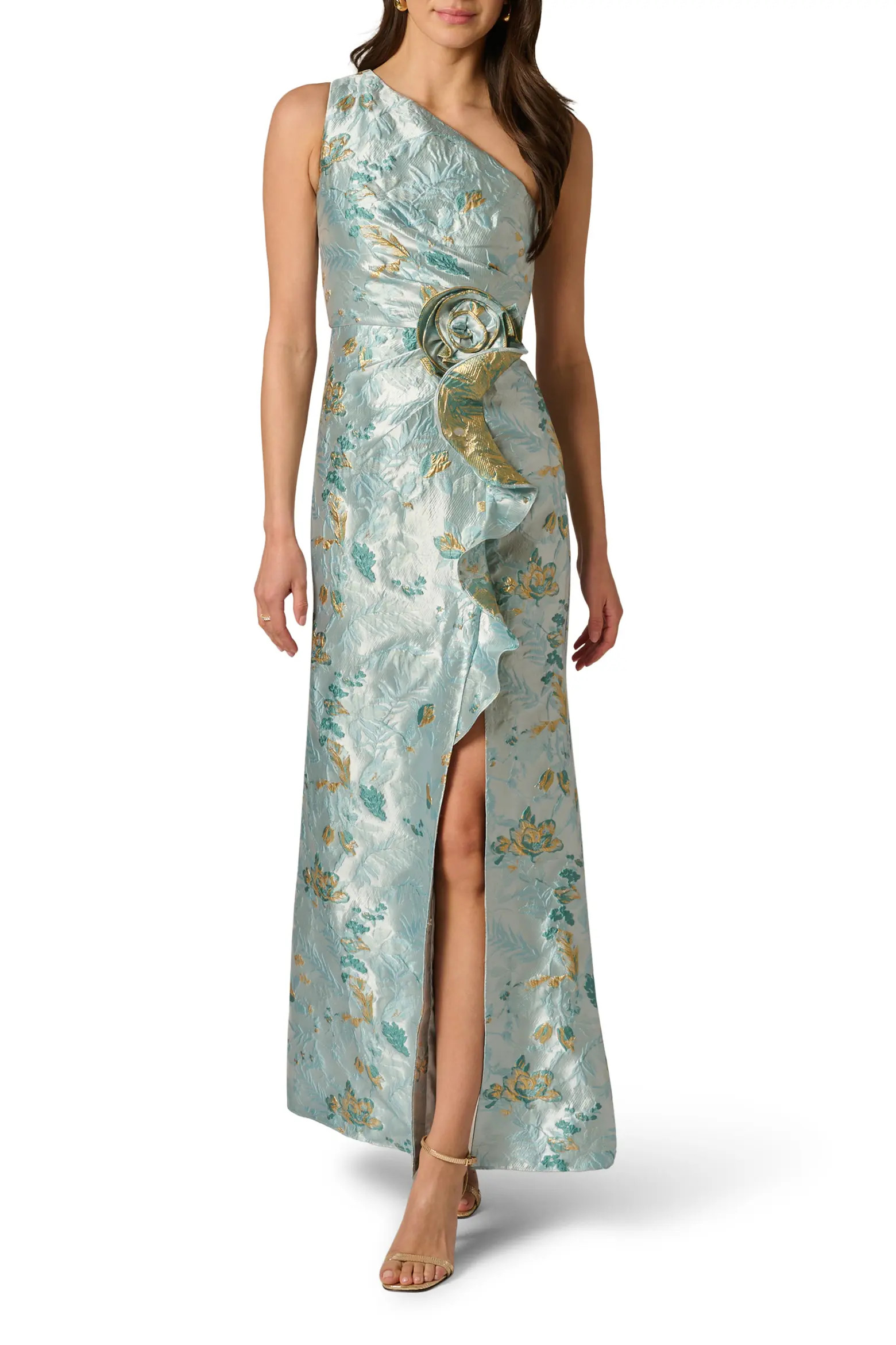 One-Shoulder Rosette Metallic Jacquard Slit Gown (Women) | Nordstrom | Nordstrom