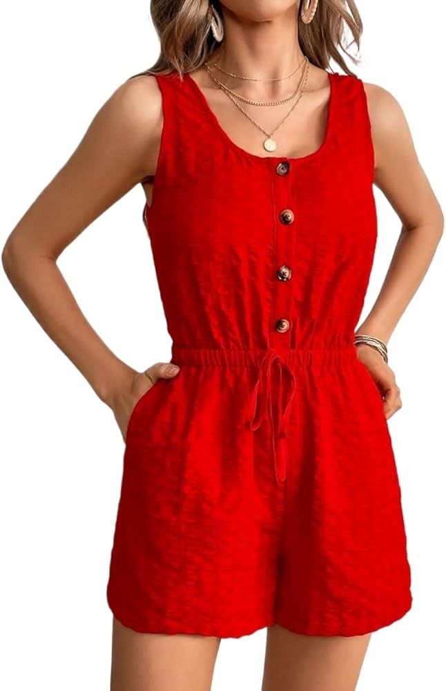 2024 spring Summer Short Rompers For Women Scoop Neck Red Button Front Knot Waist Romper | Amazon (US)