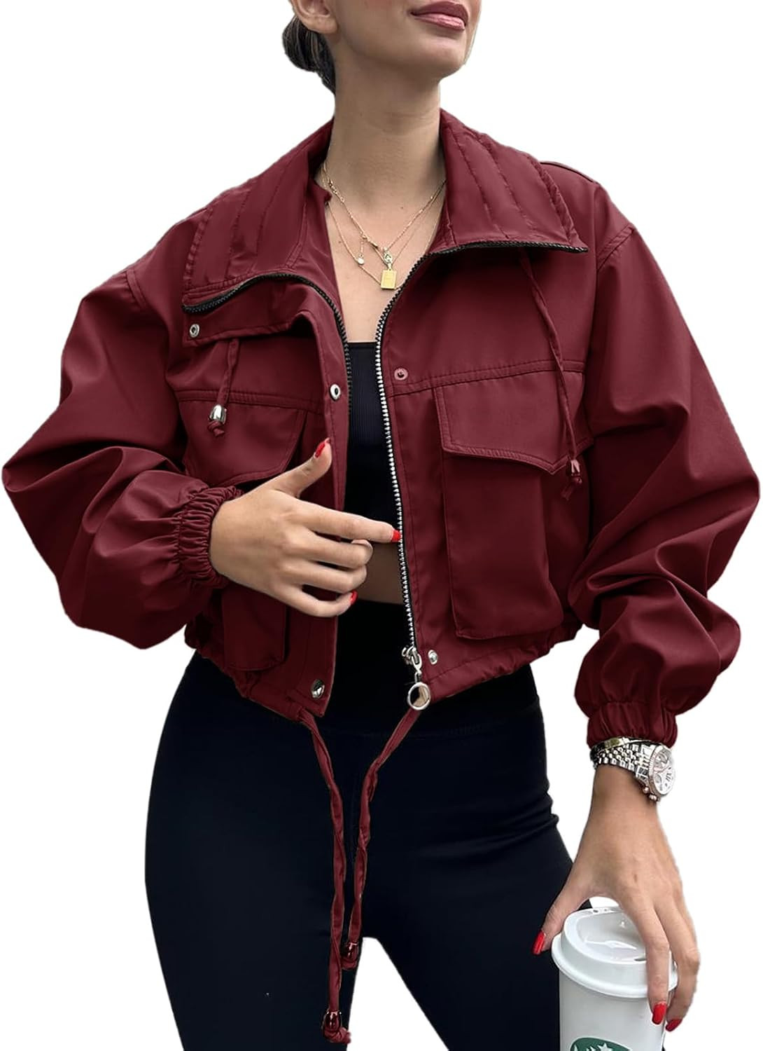 Tankaneo Womens Cropped Jacket Zip Up Lightweight Oversized Utility Anorak | Amazon (US)
