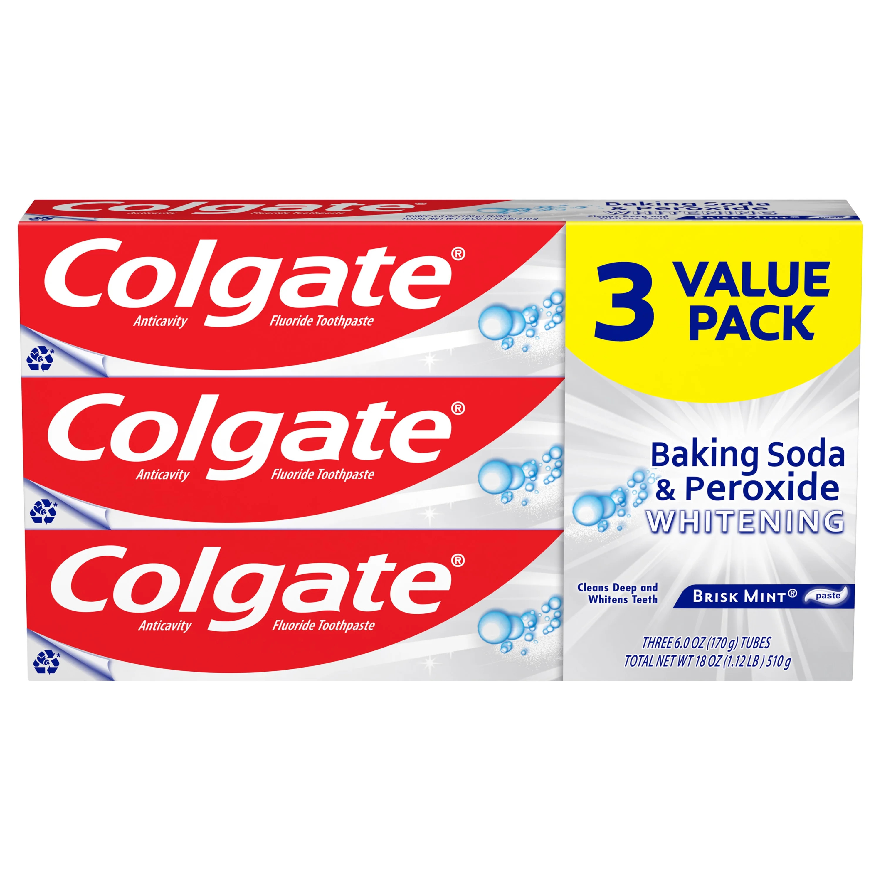 Colgate Baking Soda and Peroxide Whitening Toothpaste, Brisk Mint, 3 Pack | Walmart (US)