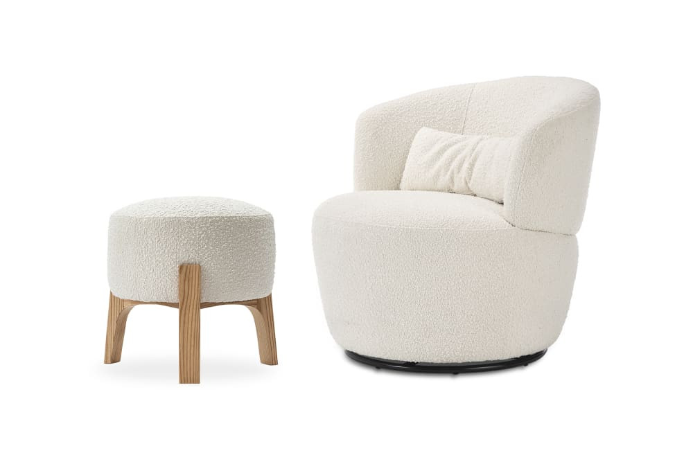 Amber Bouclé Swivel Chair with Kit Bouclé Stool | Castlery | Castlery US