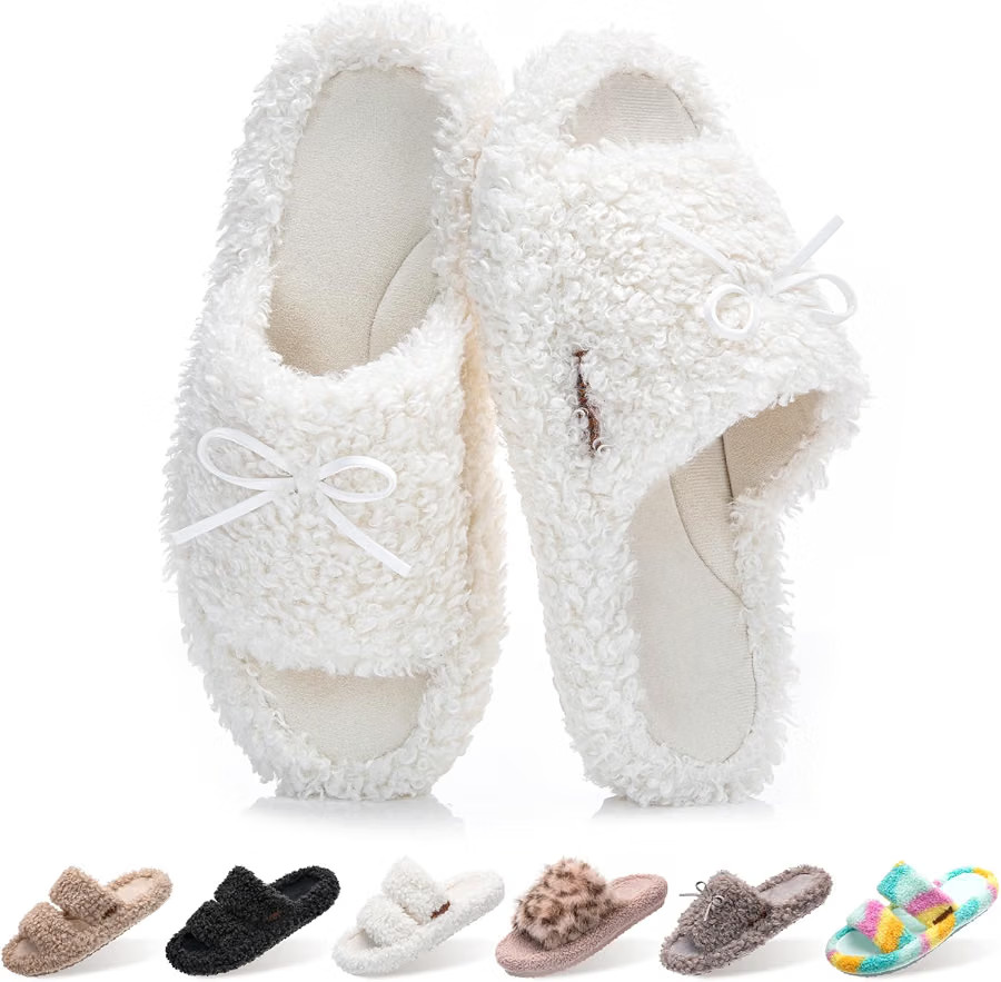 Womens Fuzzy Open-toe Slippers Memory Foam Indoor House Shoes | Amazon (US)