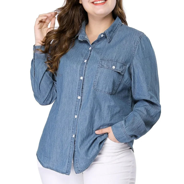 Unique Bargains Juniors' Plus Size Chest Pocket Long Sleeve Chambray Shirt | Walmart (US)