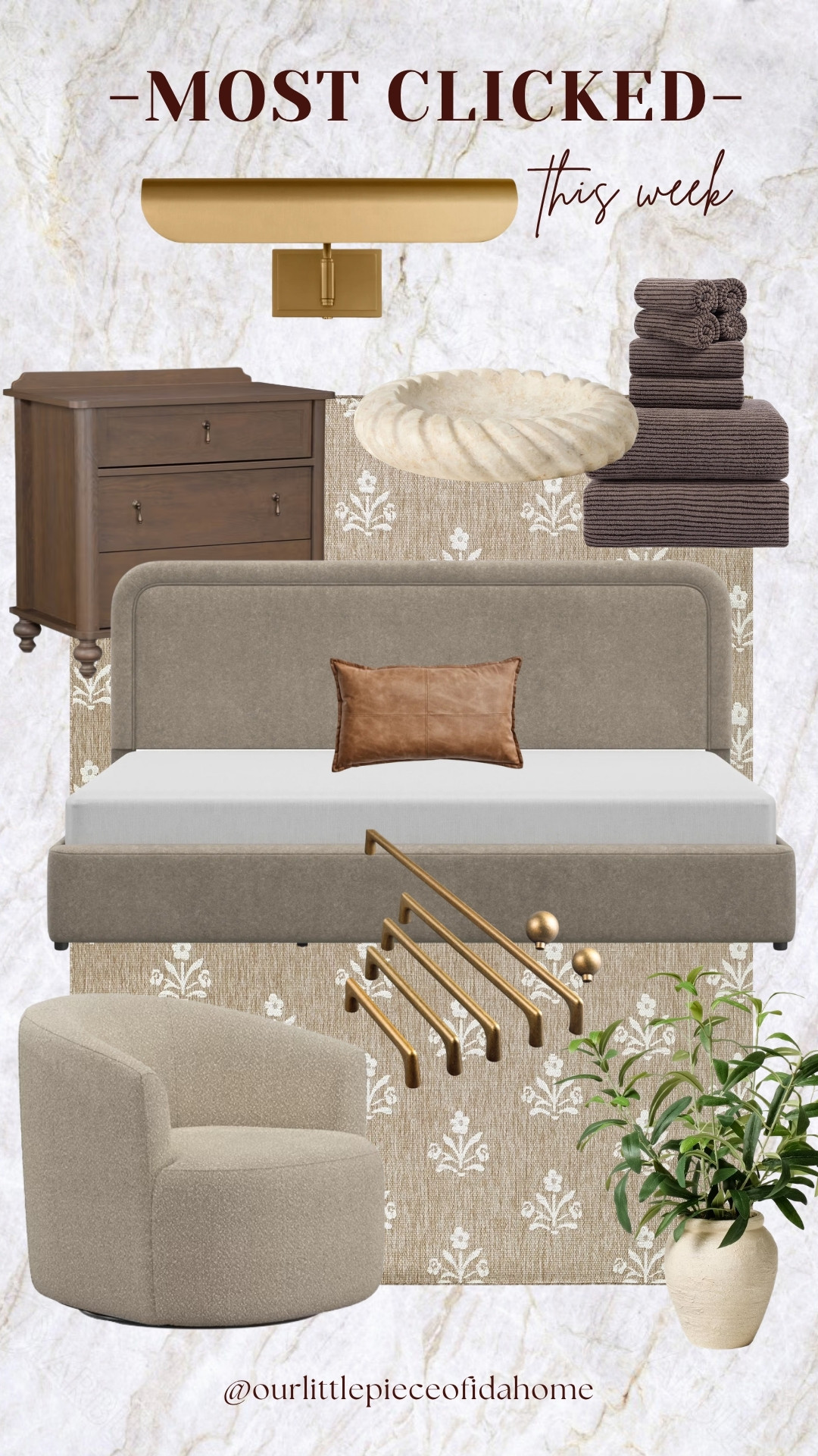 I’m linking the pieces you all clicked on most this week, and I can see why.

From the upholstered bed and swivel chair to the nightstand, lighting, hardware, and decor accents, these are the items that bring a designer look while keeping the palette warm and timeless.

If you’re updating a bedroom or creating a layered, collected home, these are some of my favorite finds right now.
 

 #LTKU #LTKHome #LTKSaleAlert