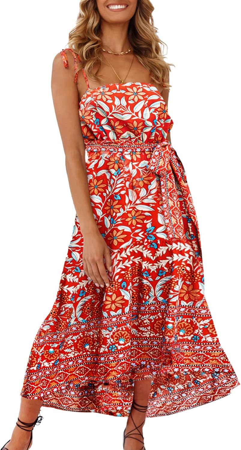 SHIBEVER Women’s Sundress Summer Boho Floral Sun Dresses Spaghetti Strap Drawstring Maxi Dress ... | Amazon (US)