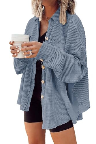 Nirovien Waffle Knit Tops for Women Oversized Waffle Shacket Fall Outfits Spring Clothes Shacket(Dusty Blue,S) | Amazon (US)