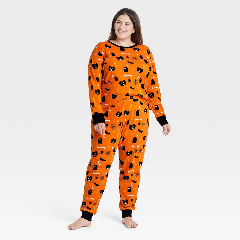 Women's Plus Size Halloween Spooky Print Matching Family Pajama Set - Orange 1X | Target